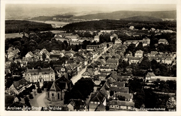 Postcard Bad Arolsen, view of the town, the town in the forest, aerial photo