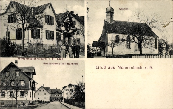 Ak Nonnenbach Hemigkofen Kressbronn am Bodensee, Kapelle, Bahnhof, Herrenmaßschneiderei H. Eble