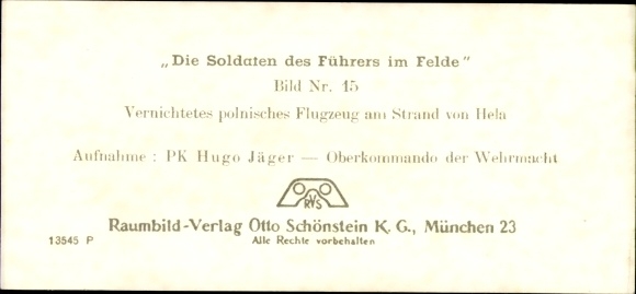 Stereo spatial image photo &quot;The soldiers of the Führer in the field&quot; No. 15 Destroyed Polish plane on Hela