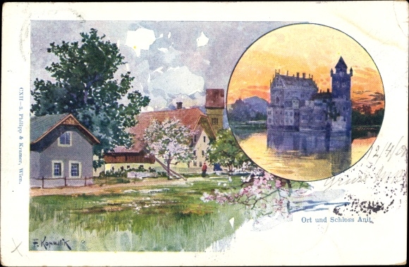 Artist Postcard Kopalik, F., Anif in Salzburg, moated castle, partial view of the village