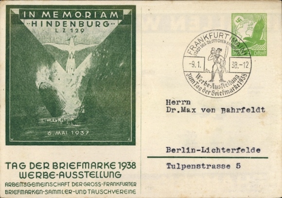 Postwaardestuk postzegeldag 1938, reclametentoonstelling, In Memoriam, LZ 129 Hindenburg