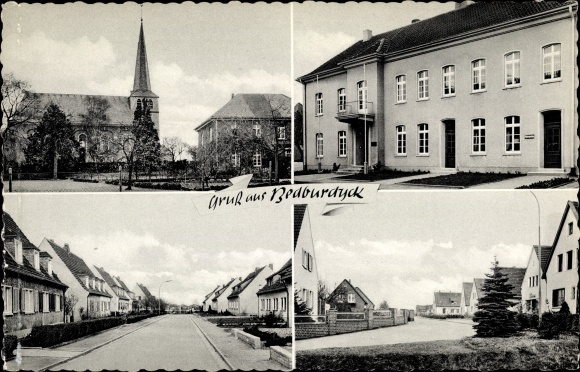 Postcard Bedburdyck Jüchen North Rhine Westphalia, detailed views, church