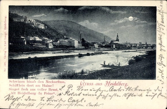 KP z Heidelbergu nad Neckarem, widok miasta w świetle księżyca, wiersz