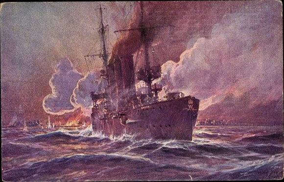 Artist PC Stöwer, Willy, SMS Emden fires at Madras, cruiser, Imperial Navy, I. WW