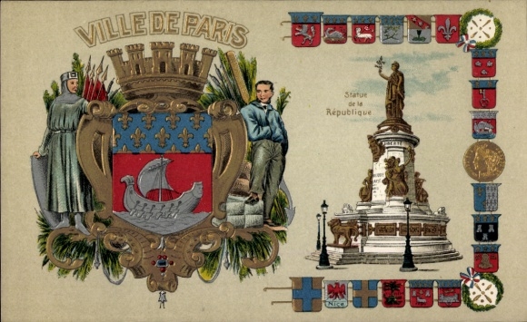 Wapenschild in reliëf litho Paris III, Ville de Paris, Statue de la Republique