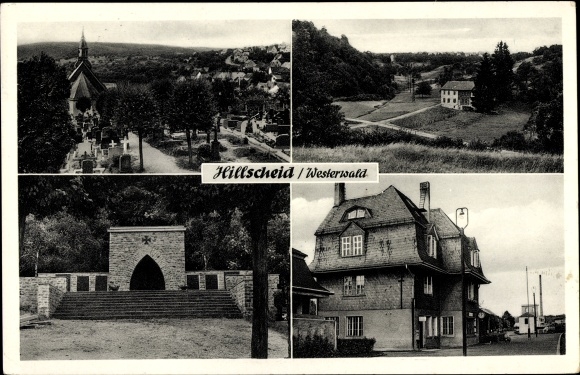 KP Hillscheid im Westerwald, częściowy widok, pomnik, kościół