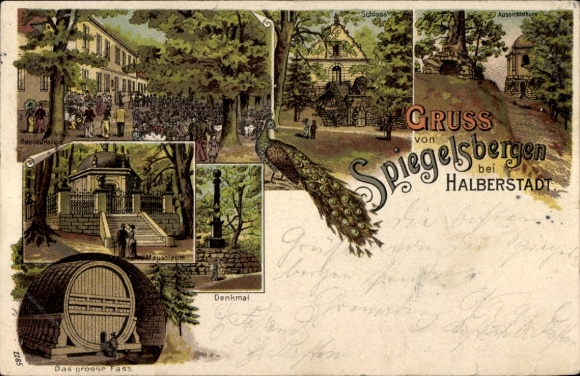 Chromo-Litho Halberstadt in Saxony Anhalt, Spiegelsberge, peacock, restoration, mausoleum, barrel