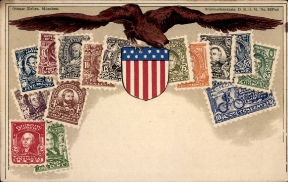 Stamps Coat of Arms Postcard USA, American Flag, Eagle