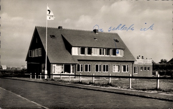 Postcard Nordseebad Langeoog East Frisia, house on flag, street, clouds, sea