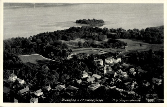 Postcard Feldafing on Lake Starnberg Upper Bavaria, aerial view of Feldafing, Lake Starnberg, landscape
