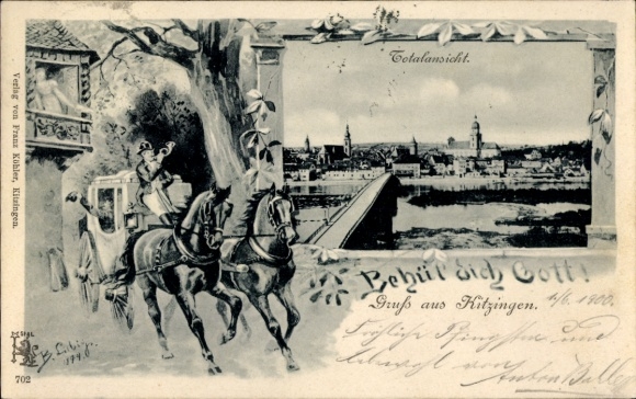 Postcard Kitzingen in Mainfranken Bavaria, total view, city view, two horses, carriage, scenery