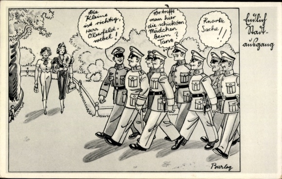 Künstler Ak Barlog, Deutsche Wehrmacht, Geländebesichtigung, Junge Frauen, Soldatenhumor, II. WK