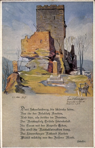 Artist Postcard Vollbehr, Ernst, Trifels ruins, keep, Imperial Regalia Chapel, poem Scheffel