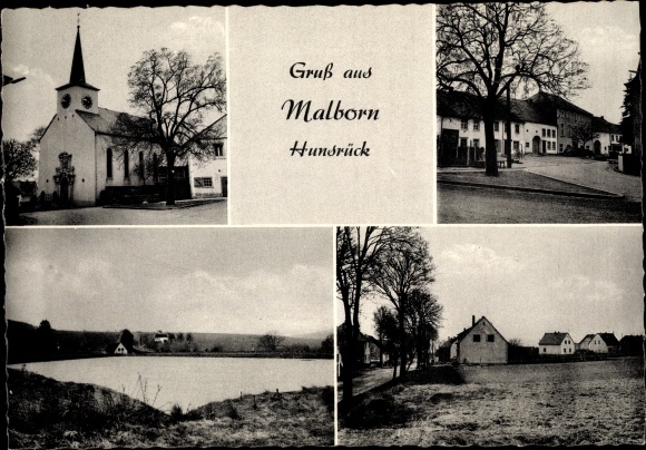 Postcard Malborn im Hunsrück, church, shore area, settlement