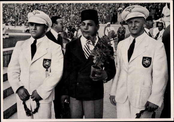 Collection picture Olympia 1936, award ceremony, weightlifters Toouni, Ismayr, Wagner