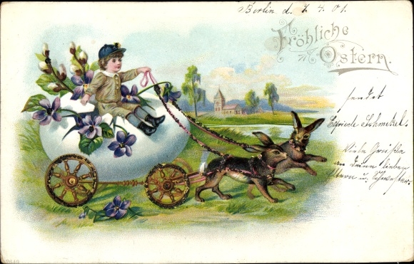 Glitter Chromo-Litho Happy Easter, rabbits pull egg carriage, pussy willow, violets