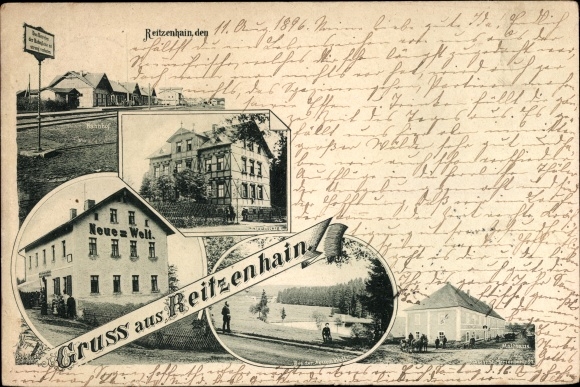 Ansichtkaart Reitzenhain Marienberg in het Ertsgebergte, treinstation, Gasthof Neue Welt, gedeeltelijk uitzicht