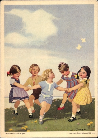 Artist PC Jüttner, W., advertising Indanthren textiles, children dancing