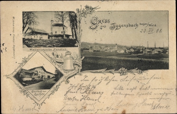 Postcard Iggensbach Niederbayern, pilgrimage church Handlab, Gasthof Zacher, general view