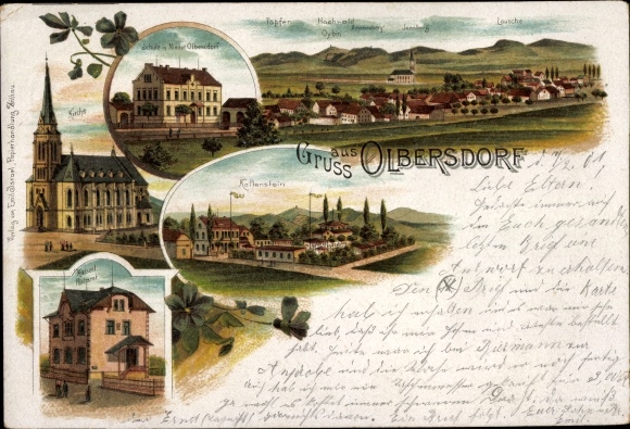 Chromo-Litho Olbersdorf in Saxony, church, long shot, school, Kaltenstein
