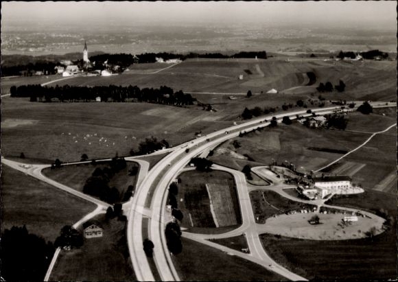 Postcard Irschenberg in Upper Bavaria, aerial photograph of motorway service area, Munich-Salzburg federal motorway