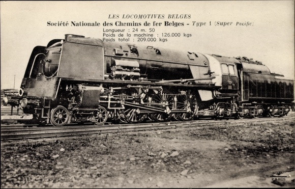 Postcard Belgian Railways, Locomotive Belge, steam locomotive, Type 1 Super Pacific