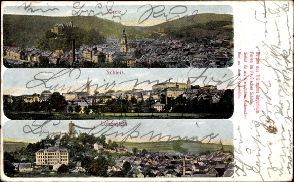 Ak Greiz im Vogtland Thüringen, Panorama, Schleiz, Lobenstein, Gedicht
