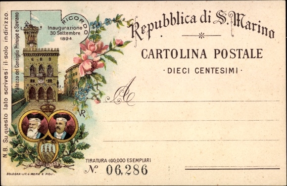 Prekursor lito San Marino, Palazzo del Consiglio Principe e Sovrano, inauguracja 1894