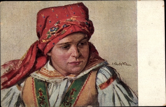 Artist Postcard Koudelka, J., portrait of a woman in costume
