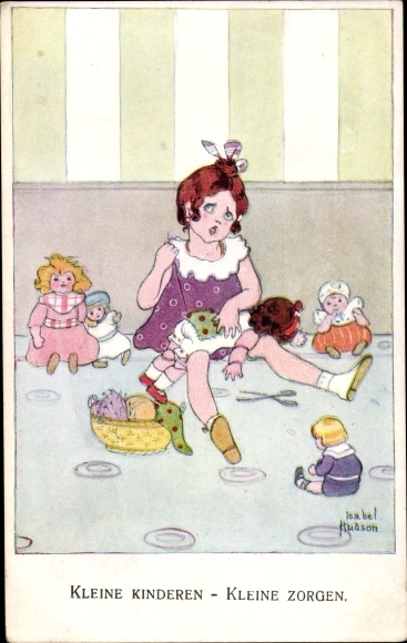 Artist Postcard Hudson, I., Little Children, Little Worries, Girls Sewing, Dolls