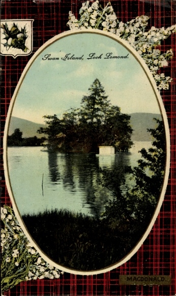 Postcard Ardlui Loch Lomond Scotland, Swan Island, idyllic landscape, water, trees