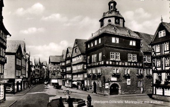Postcard Herborn in Hesse, market square, town hall, historic buildings, street view, black and white...