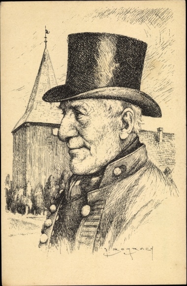 Artist PC Hamburger types, four countries, man with cylinder, church