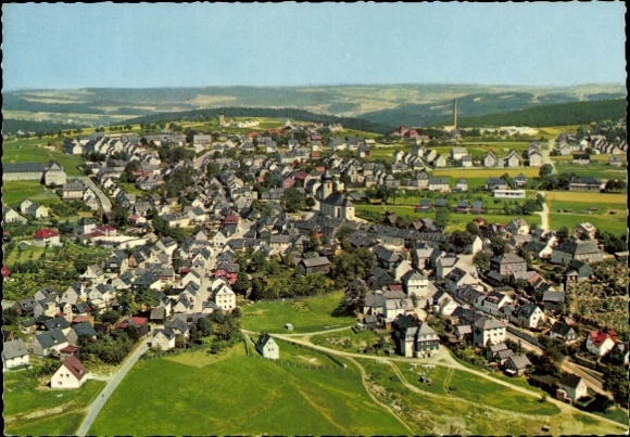 Postcard Schwarzenbach am Wald Upper Franconia, aerial photograph, idyllic landscape, numerous houses, green