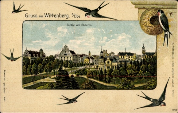 Passepartout Chromo-Litho Wittenberge on the Elbe Prignitz, partial view, Elstertor