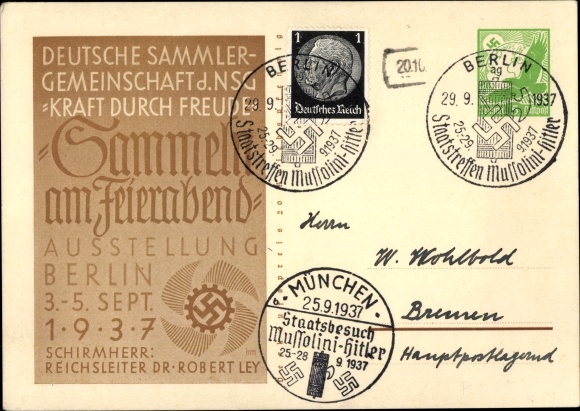 Postwaardestuk Ak KDF, verzamelen aan het einde van de dag, Berlijn 1937, speciale stempel Mussolini Hitler