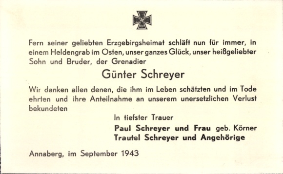 Ak Annaberg Buchholz im Erzgebirge, Grenadier Günter Schreyer gefallen, September 1943