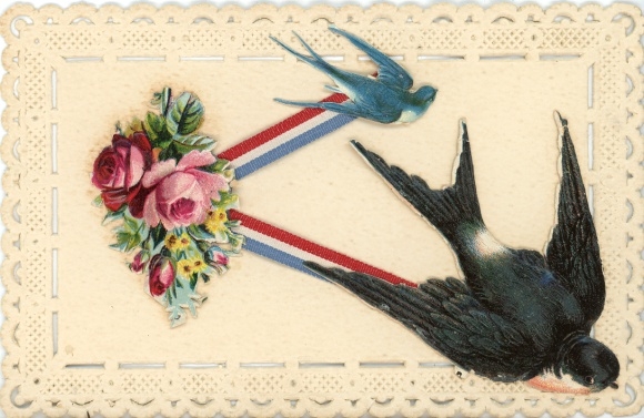 Material Postcard Swallows, Flowers, Kitsch