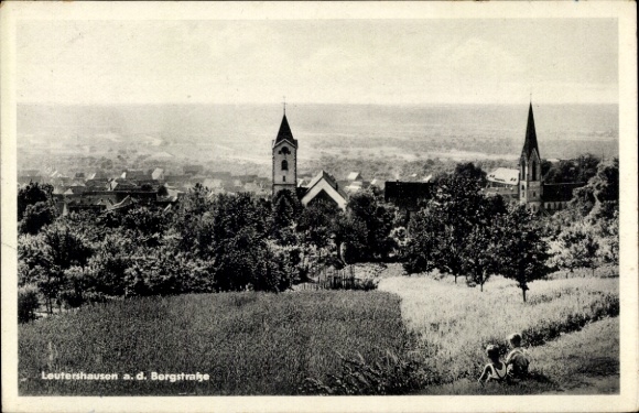 Postcard Leutershausen Hirschberg an der Bergstraße, black and white picture of Leutershausen, church, fields