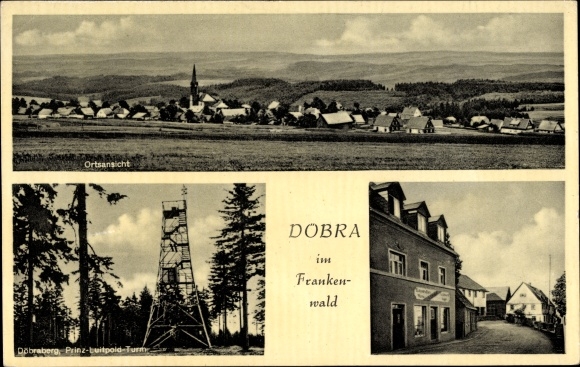 Postcard Döbra Schwarzenbach in the Franconian Forest, town view, Döbraberg, Prince Luitpold Tower, street section