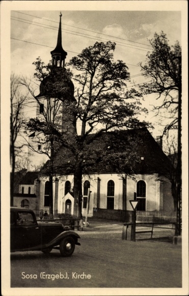 Postcard Sosa Eibenstock in the Ore Mountains, church, automobile