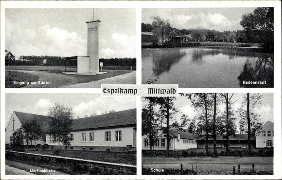 Postcard Mittwald Espelkamp in Ostwestfalen Lippe, entrance at the south gate, swimming pool, Martinskirche, school