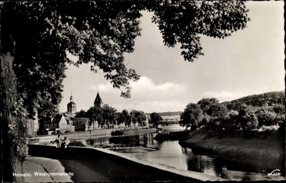 Postcard Hameln on the Weser, Weser Promenade