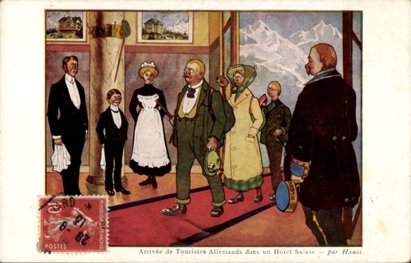 Künstler Ak Hansi, Arrivée de touristes Allemands dans un Hotel Suisse