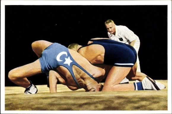 Collection picture Olympia 1936 series 19 picture 2 wrestling featherweight, Yasar Erkan, Aarne Reini, Franck-Kaffee