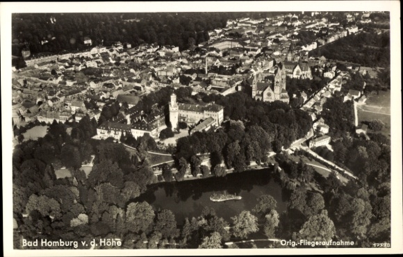 Postcard Bad Homburg vor der Höhe Hesse, aerial view of Bad Homburg, city view, park, lake