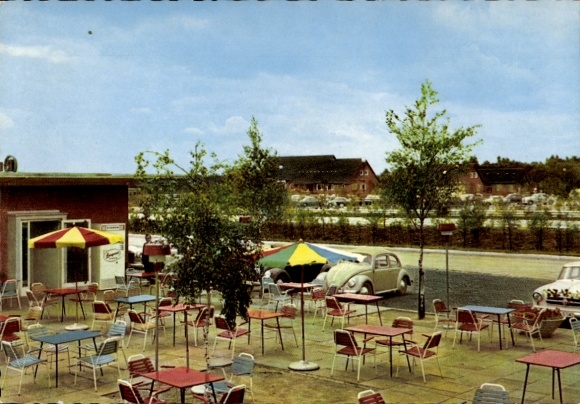 Postcard Bispingen in the Lüneburg Heath, cafeteria with tables and chairs, motorway service area, Nat
