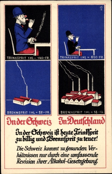 Postcard Switzerland, anti-alcohol, drinking alcohol too cheap, denatured alcohol too expensive, association against the danger of liquor