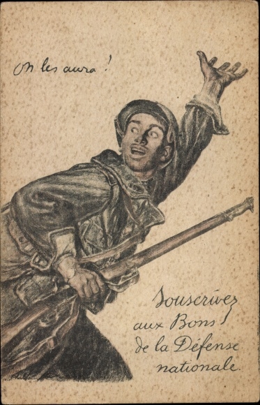 Postcard French soldier in uniform calls for battle, propaganda