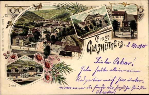Chromo-Litho glassworks in Saxony, train station, German watchmaking school, long monument